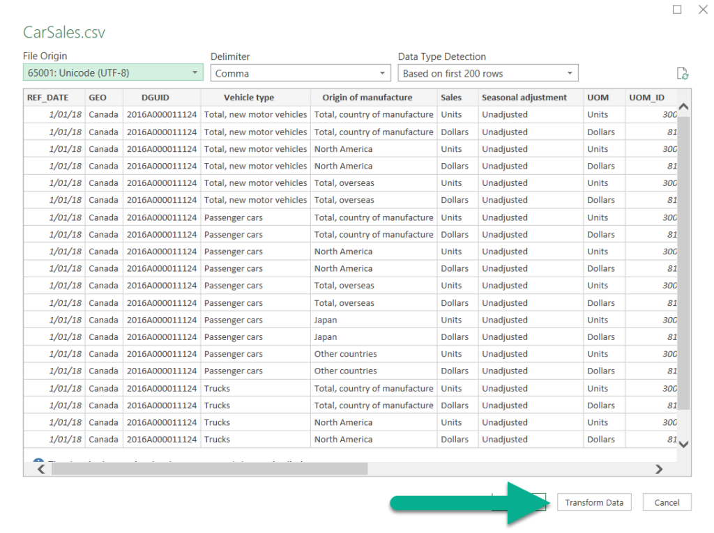 Click Transform Data to bring up the Power Query window.