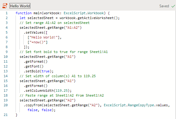 The Hello World code, as run in Office Script.