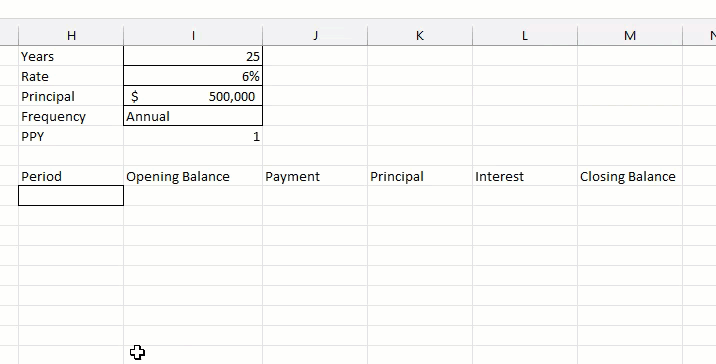 An Amortschedule function taking in 4 variables in order to generate a full amortization schedule.